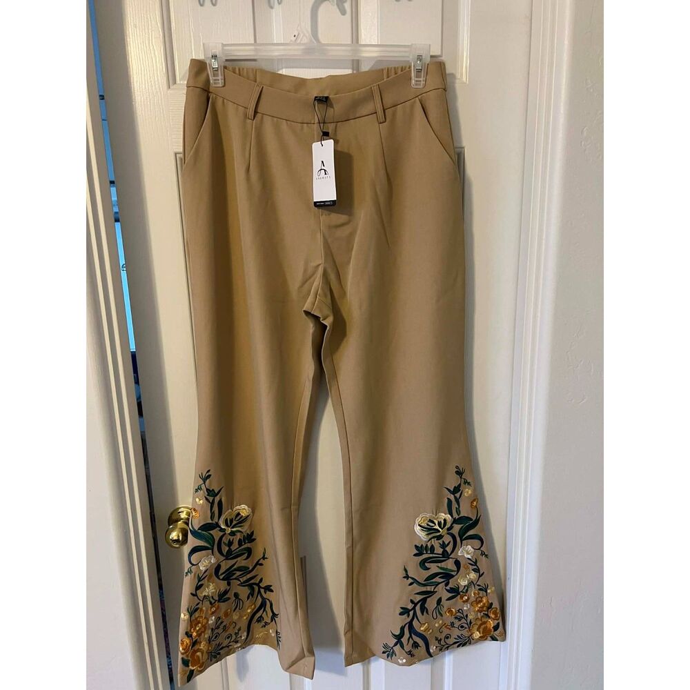 NWT Anewsta floral embroidered tan beige flared pants XL boho statement festival